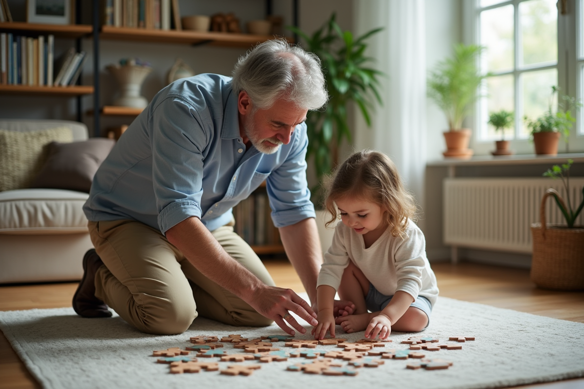 Père et fille assemblant un puzzle dans le salon