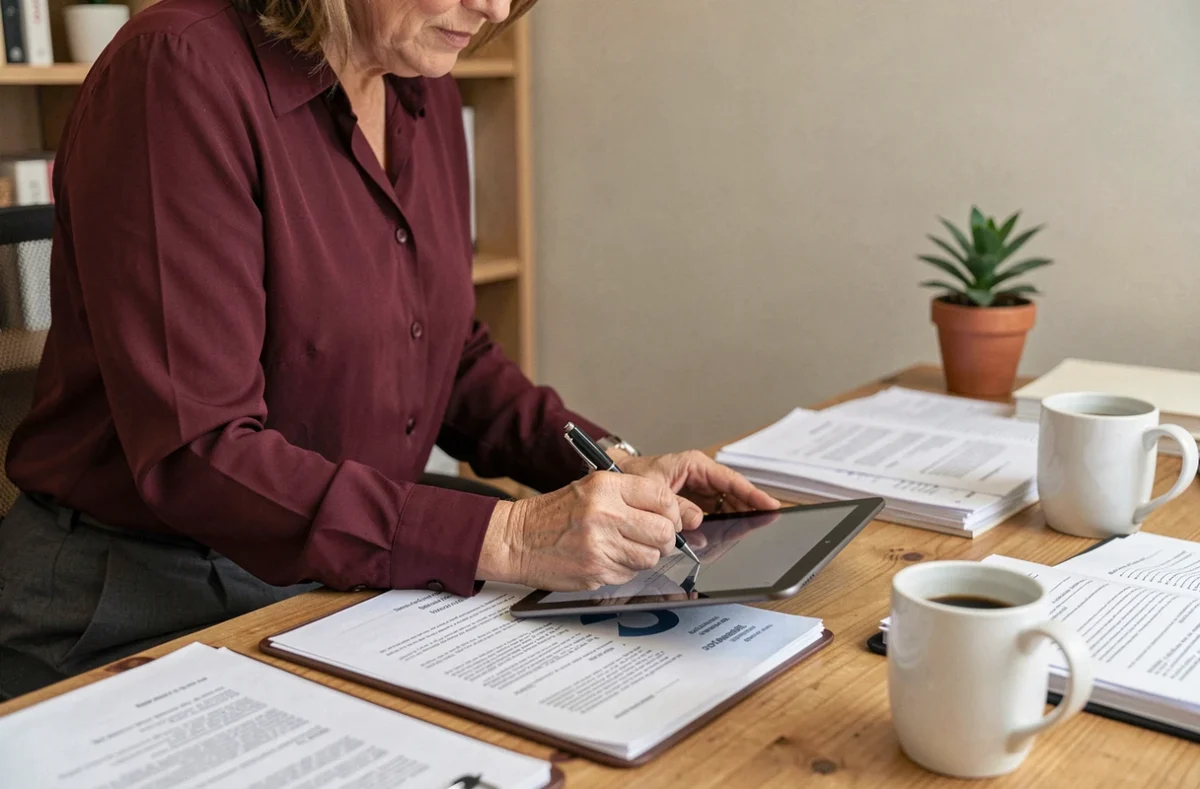 Femme professionnelle annotant un contrat sur une tablette dans un bureau à domicile bien organisé