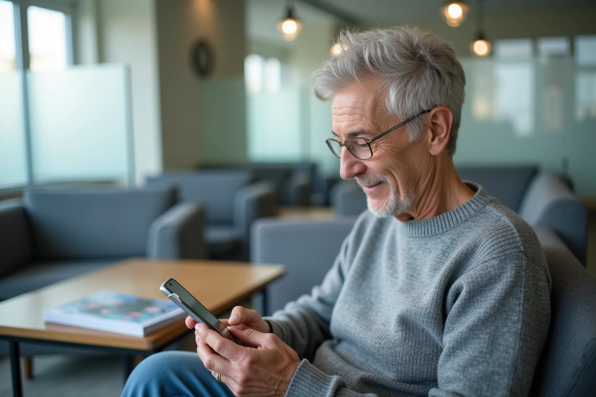 Patient prenant rendez-vous en ligne sur smartphone dans la salle d'attente d'un cabinet médical
