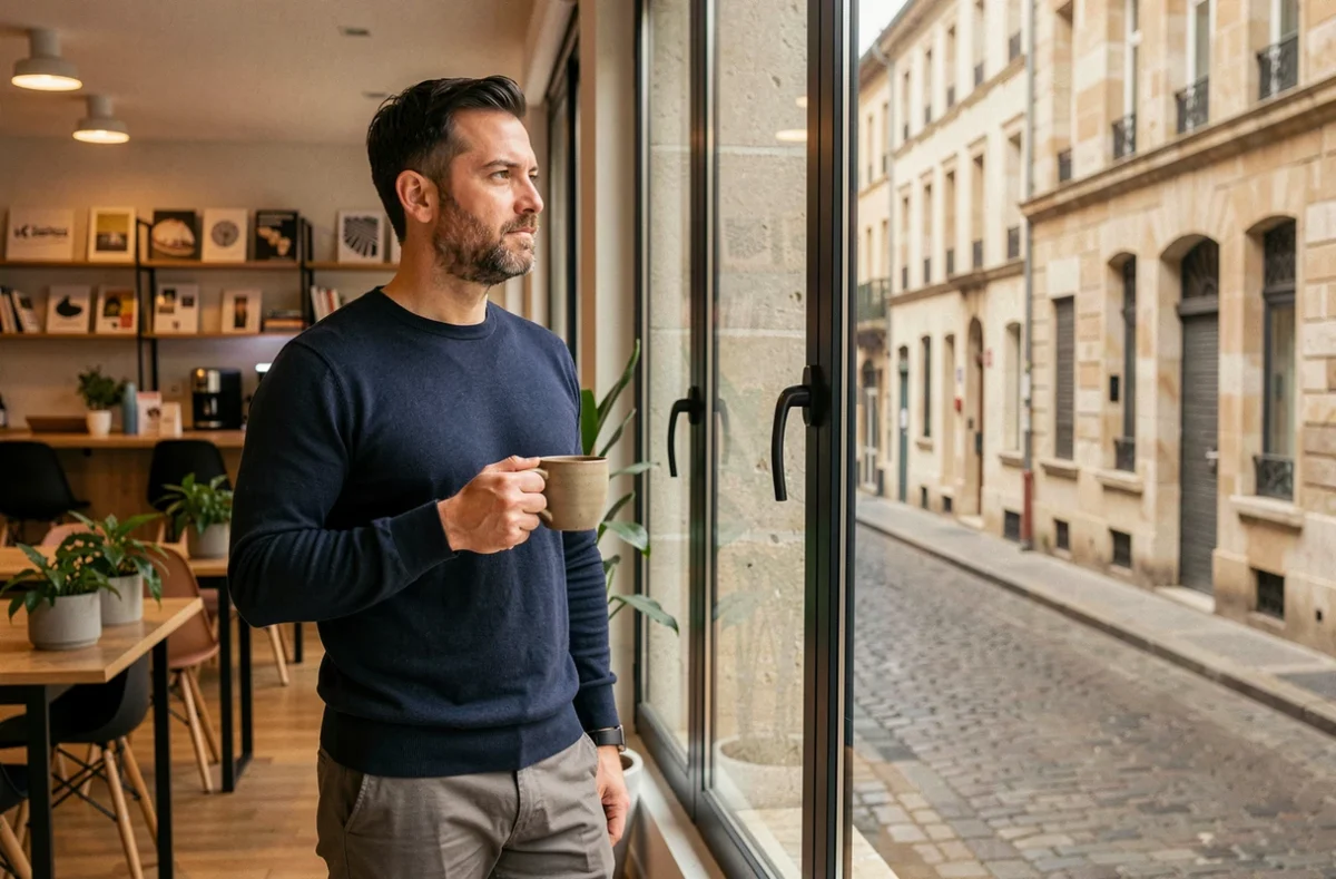 Homme en pause café regardant la rue depuis un espace de coworking à Bordeaux