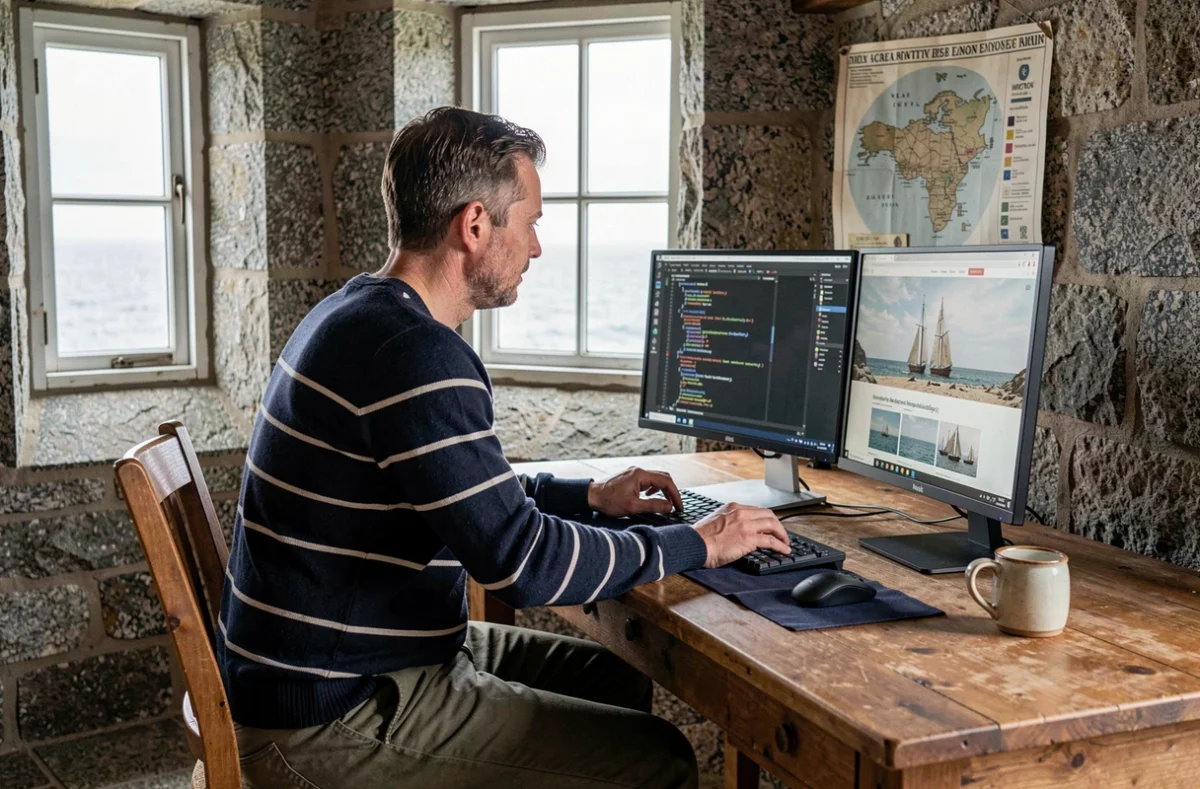 Un développeur web de Pen Ar Web travaillant dans un bureau aux murs en pierre bretonne avec vue sur la mer