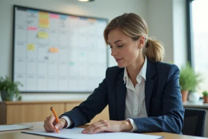 Femme professionnelle planifiant ses projets sur un calendrier mural annoté, comparaison des jours ouvrables 2025 et 2026