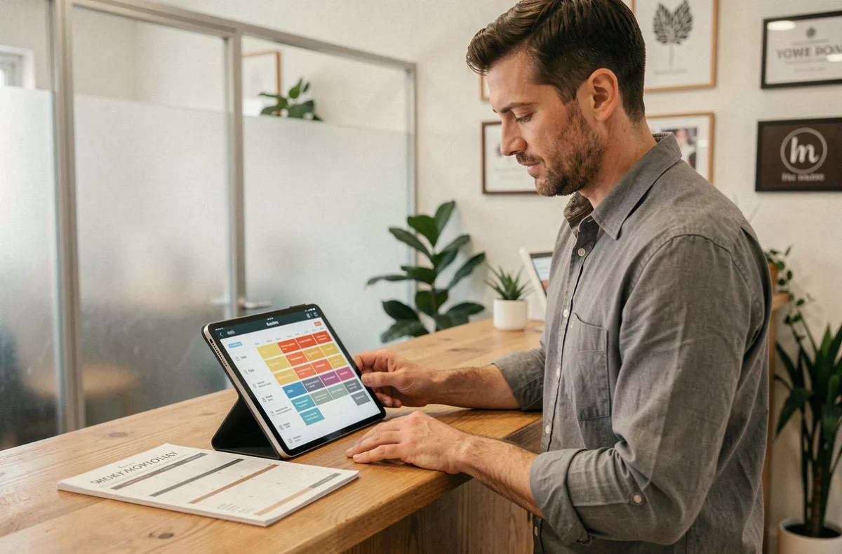 Responsable d'un salon consulant un planning multi-sites sur tablette à l'accueil