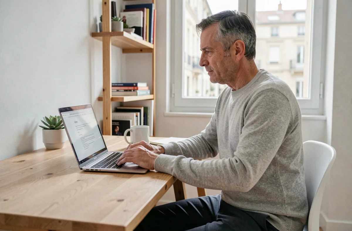 Freelance masculin consultant un contrat de portage salarial sur ordinateur portable dans un bureau à domicile épuré à Montpellier