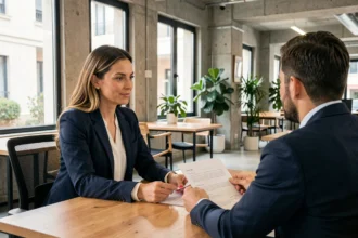 Consultante en portage salarial discutant d'un contrat avec une professionnelle indépendante dans un espace de coworking moderne à Montpellier