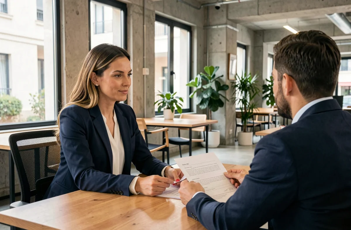 Consultante en portage salarial discutant d'un contrat avec une professionnelle indépendante dans un espace de coworking moderne à Montpellier