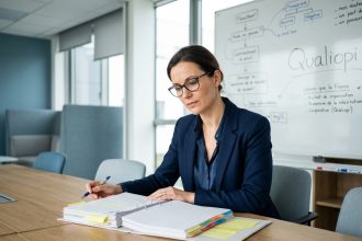 Responsable de formation préparant un audit Qualiopi 2026 en révisant un classeur de conformité dans une salle de réunion professionnelle