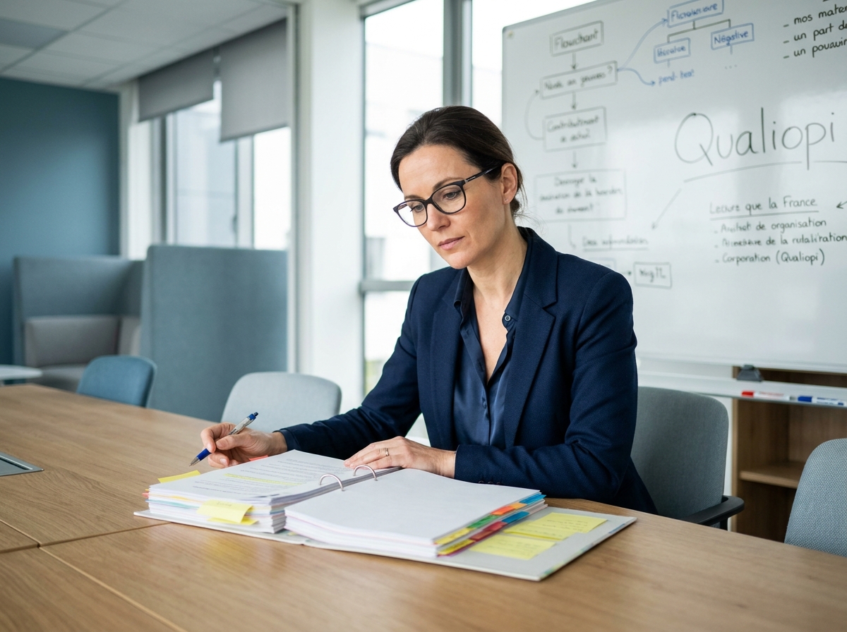 Responsable de formation préparant un audit Qualiopi 2026 en révisant un classeur de conformité dans une salle de réunion professionnelle