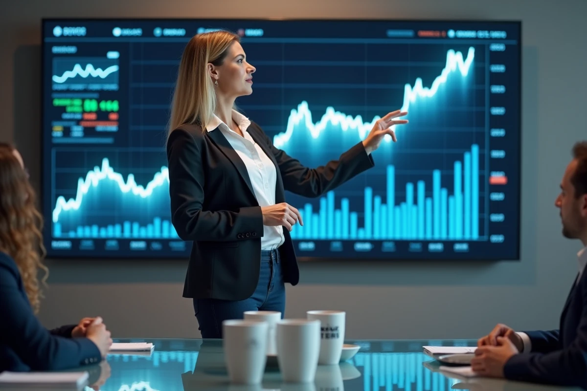 Femme professionnelle présentant des signaux et opportunités d'investissement sur un écran de données financières lors d'une réunion d'investisseurs