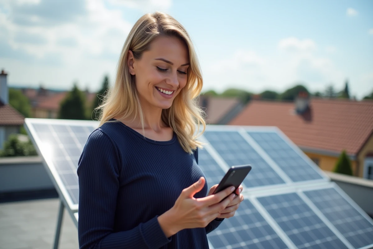 Femme vérifiant la production solaire sur smartphone devant des panneaux photovoltaïques sur un toit résidentiel