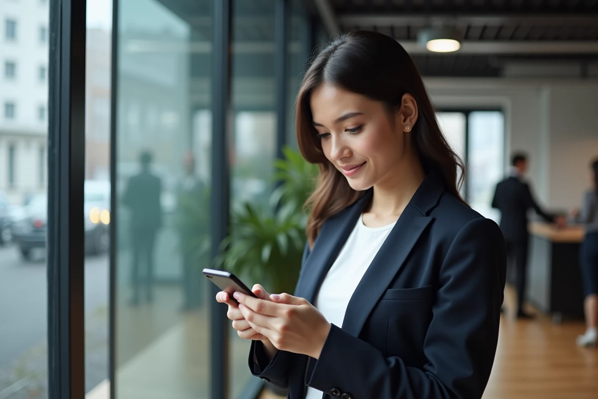 Professionnelle en bureau vérifiant le numéro de contact Geodis sur son smartphone