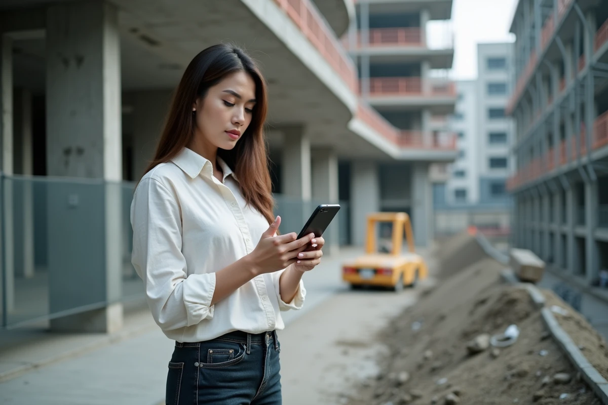 Professionnelle du b&acirc;timent consultant une application de devis sur smartphone sur un chantier de construction