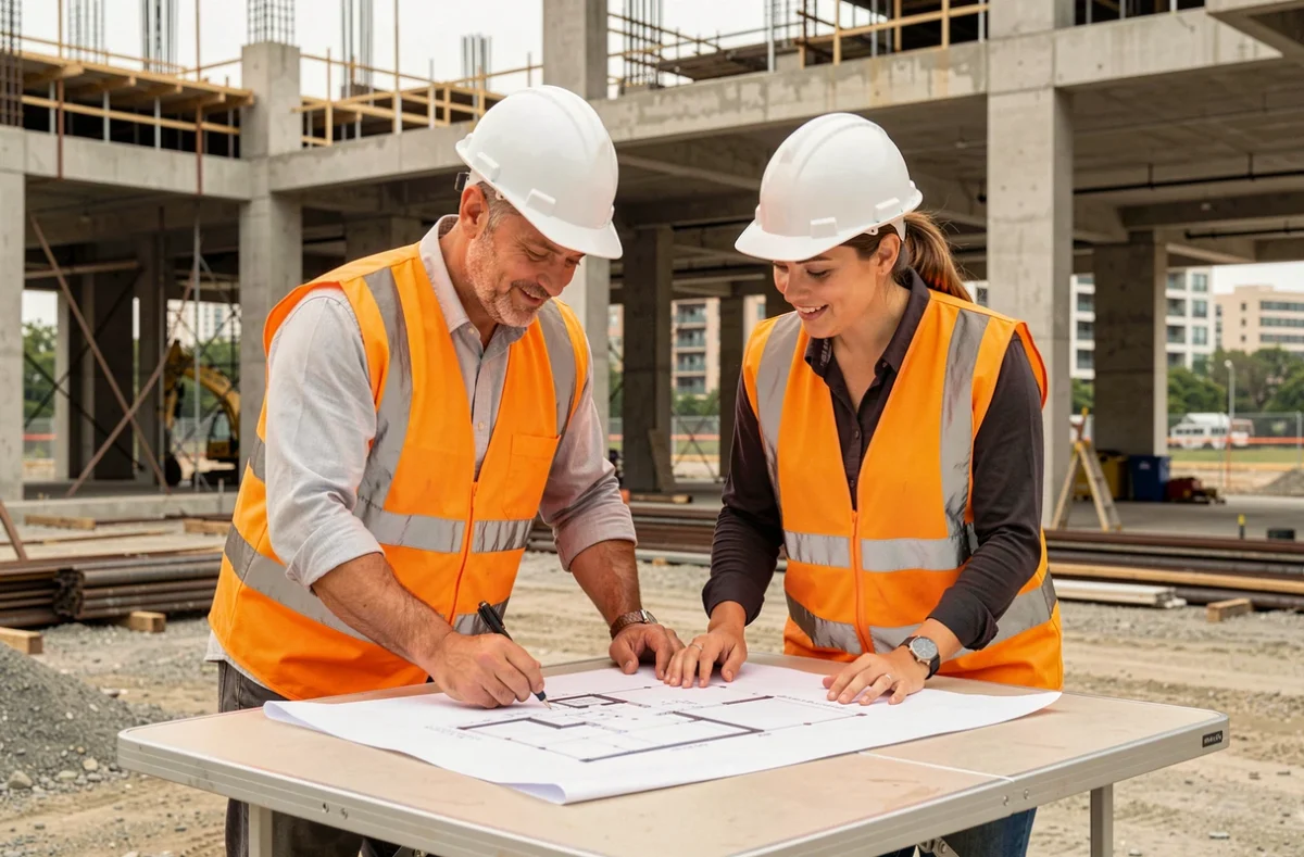 Deux professionnels du bâtiment étudiant des plans sur un chantier de maçonnerie
