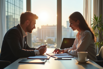 Deux professionnels examinant un contrat dans un bureau lumineux
