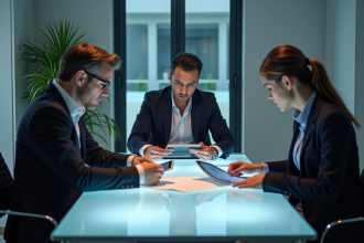 Trois professionnels d'affaires examinant des documents dans un bureau moderne