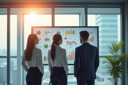 Trois professionnels en réunion dans un bureau moderne avec graphiques