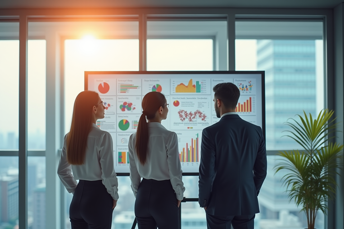 Trois professionnels en réunion dans un bureau moderne avec graphiques