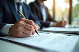 Trois professionnels signant un contrat dans un bureau lumineux