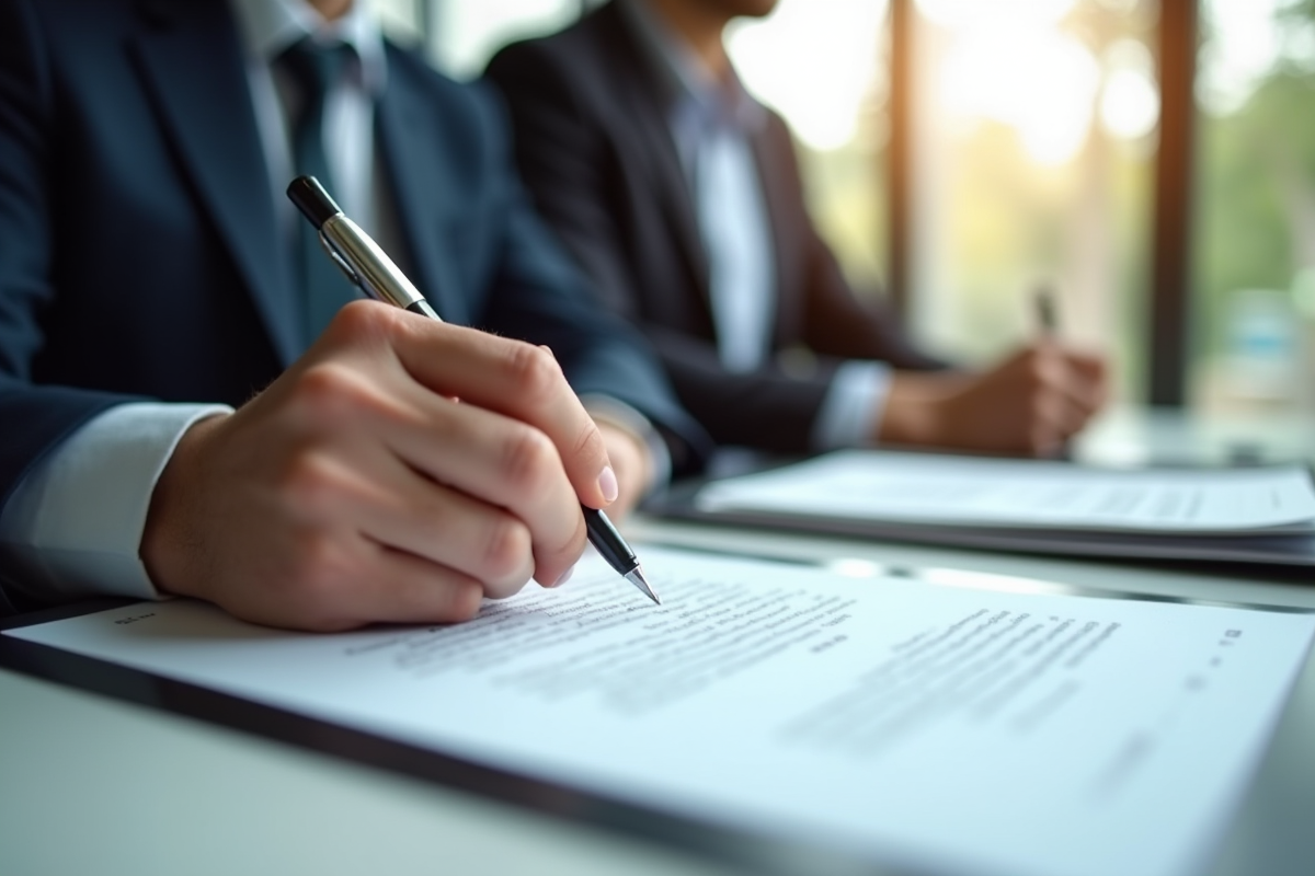 Trois professionnels signant un contrat dans un bureau lumineux