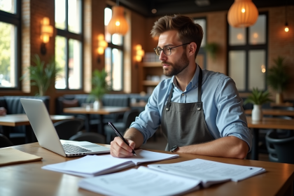 Propriétaire de restaurant avec documents et ordinateur dans un espace moderne