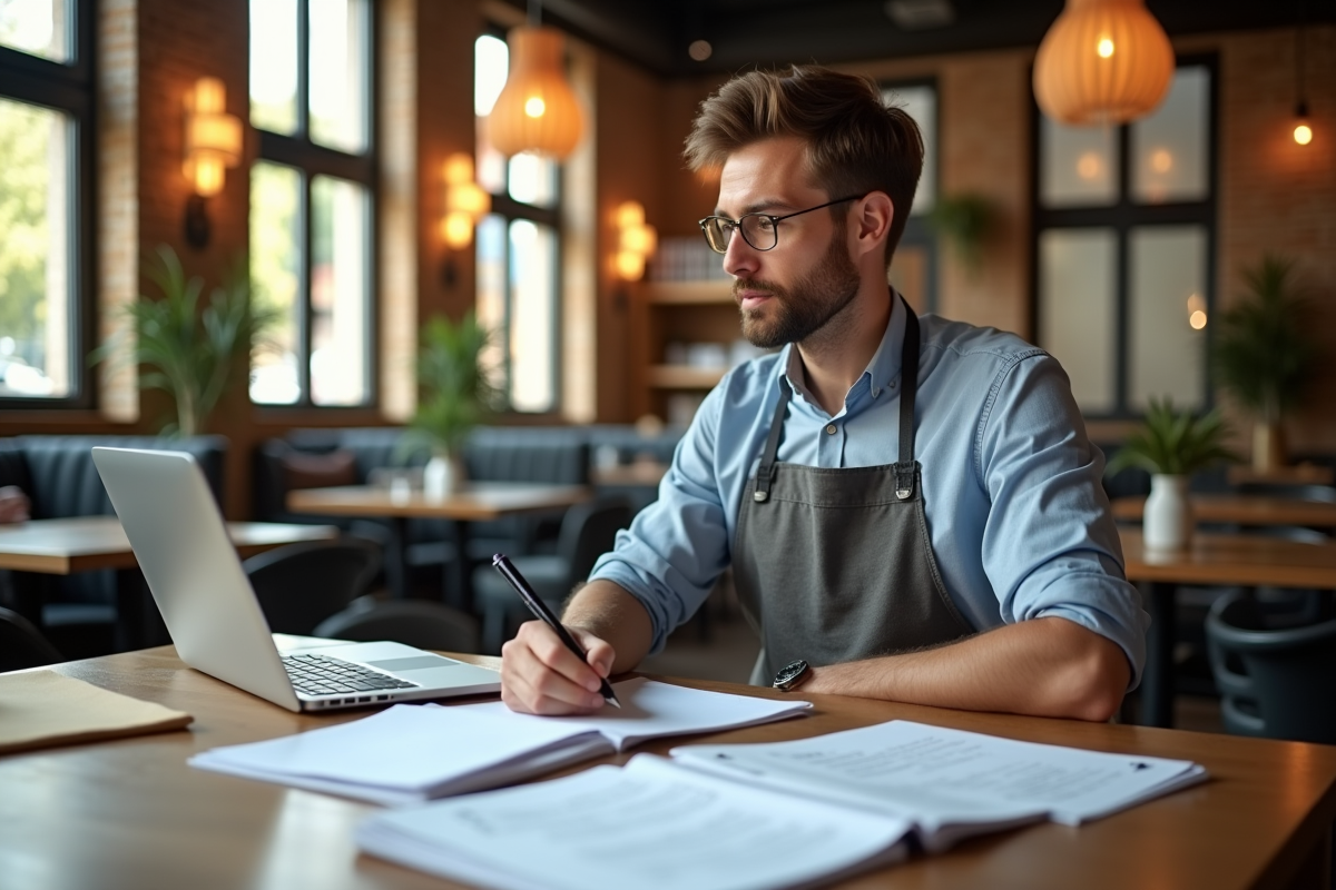 Propriétaire de restaurant avec documents et ordinateur dans un espace moderne