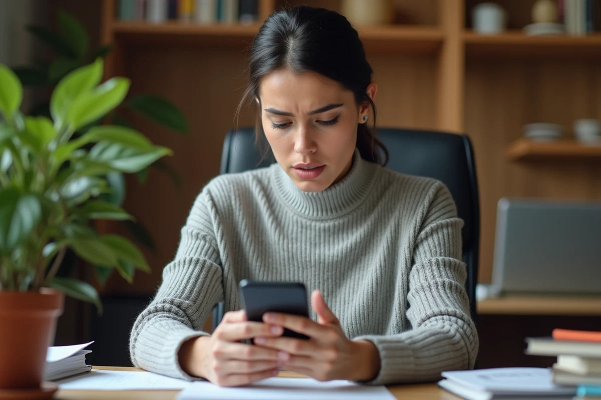 Femme consultant son smartphone dans un bureau à domicile, protégeant sa vie privée numérique avec un numéro de téléphone temporaire