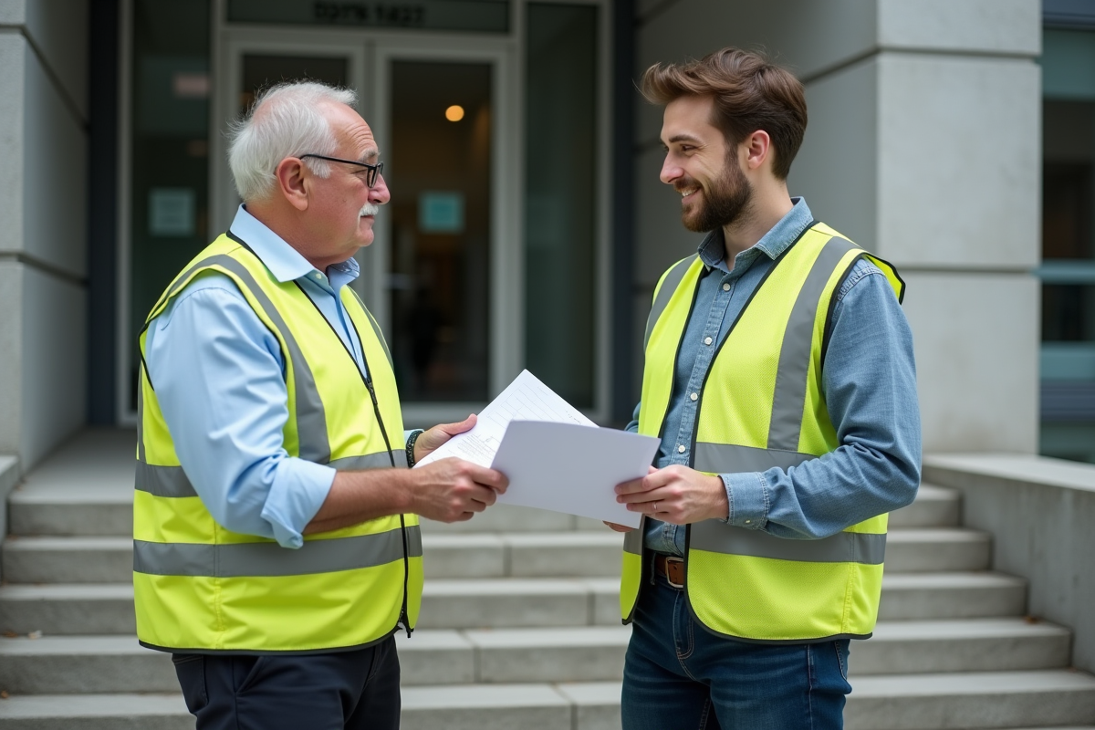 Jeune homme public discute avec un senior devant mairie