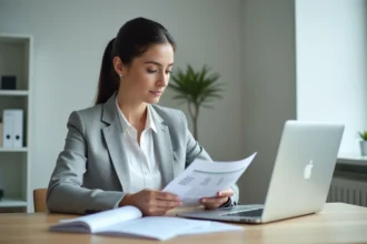Comptable analysant un relevé bancaire pour effectuer un rapprochement comptable avec une facture d'imprimerie