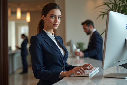 Femme réceptionniste en uniforme navy dans un hôtel moderne