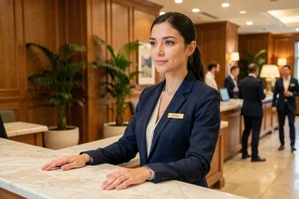 Réceptionniste d'hôtel en CDI derrière le comptoir d'accueil, illustrant les salaires dans l'hôtellerie