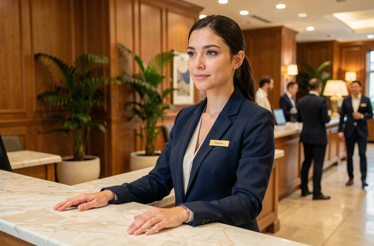 Réceptionniste d'hôtel en CDI derrière le comptoir d'accueil, illustrant les salaires dans l'hôtellerie