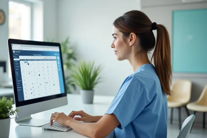Réceptionniste médicale utilisant un logiciel de prise de rendez-vous en ligne dans un cabinet médical moderne