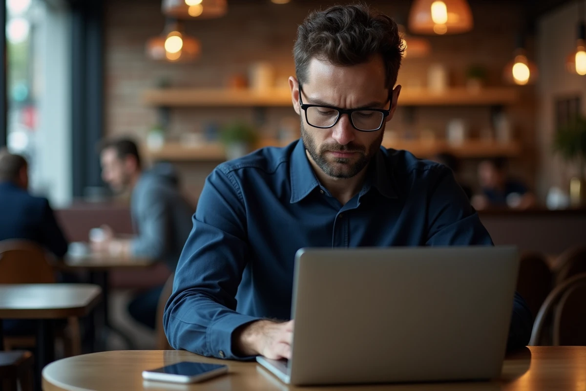 Homme consultant des avis en ligne sur une entreprise suspecte depuis un café urbain, expression de méfiance devant son écran d'ordinateur portable