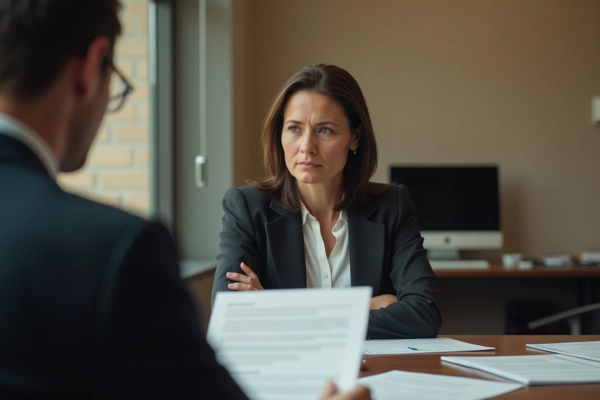 Employée refusant de signer le solde de tout compte face à un responsable RH dans un bureau d'entreprise