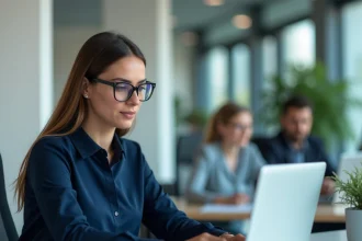 Employée réinitialisant son mot de passe sur l'extranet GTm La Poste depuis son poste de travail en bureau