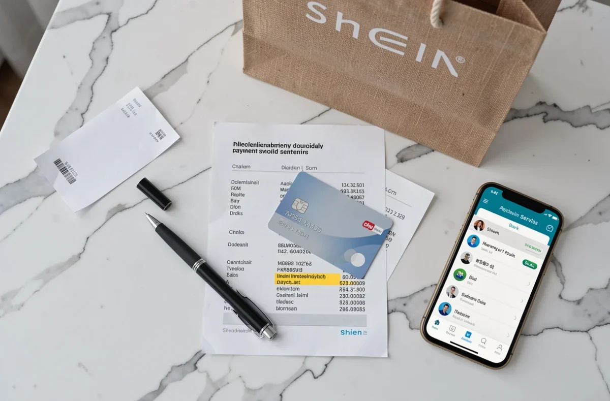 Vue aérienne d'un relevé de carte bancaire Shein avec une ligne de paiement intermédiaire suspecte sur bureau en marbre