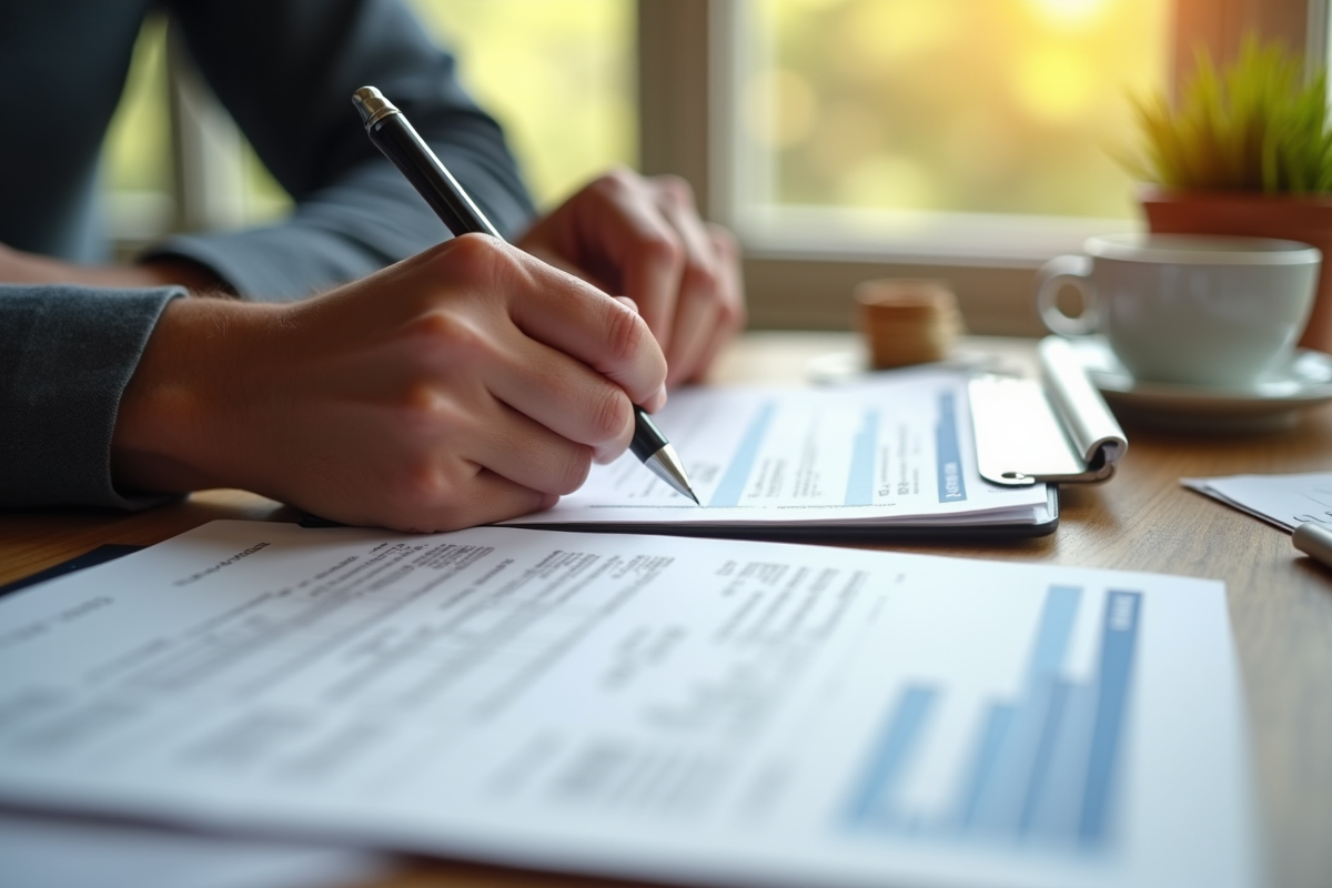 Main remplissant des formulaires fiscaux avec des reçus sur une table en bois