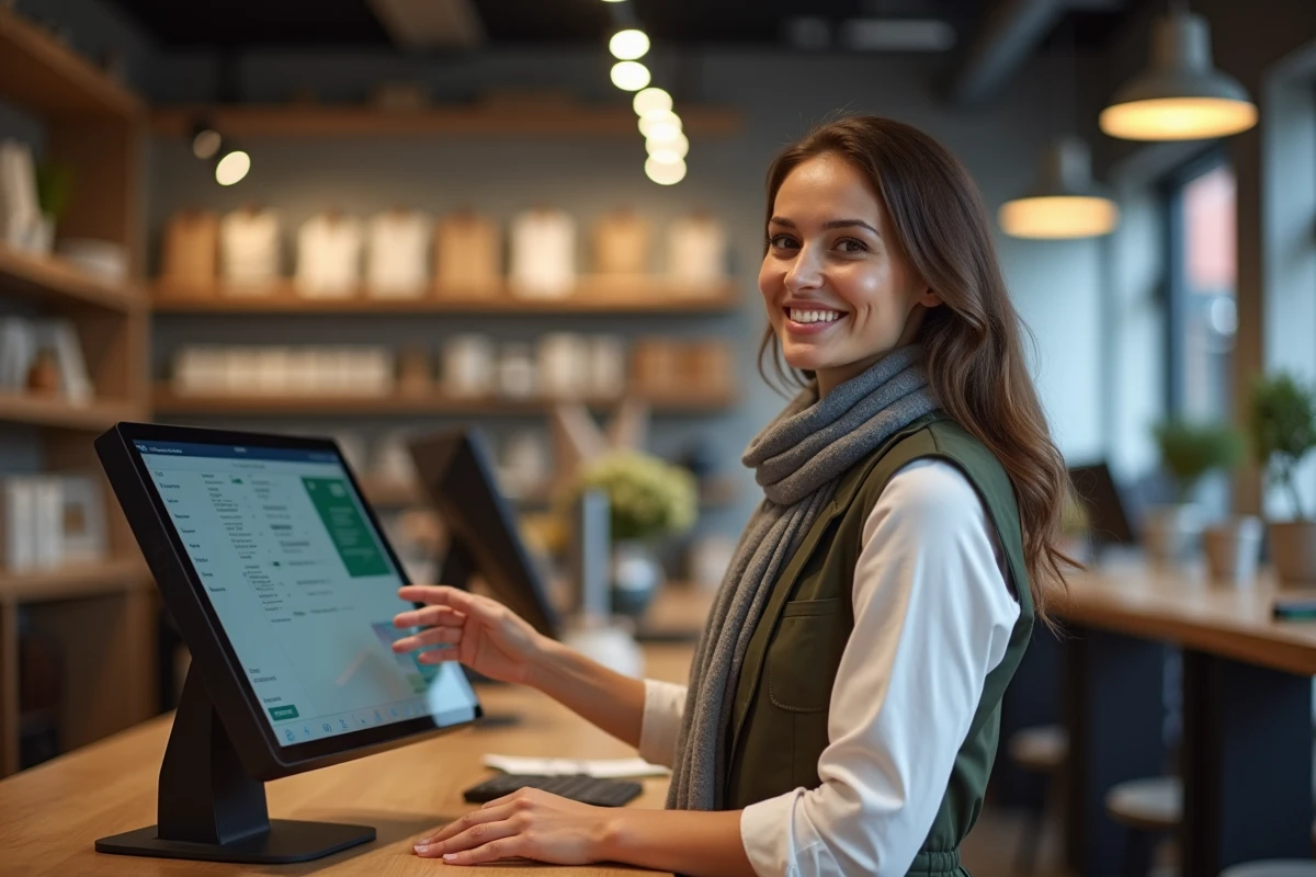 Manager femme souriante derrière un terminal de paiement moderne