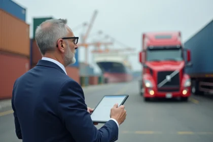 Manager logistique homme observant un yard de containers