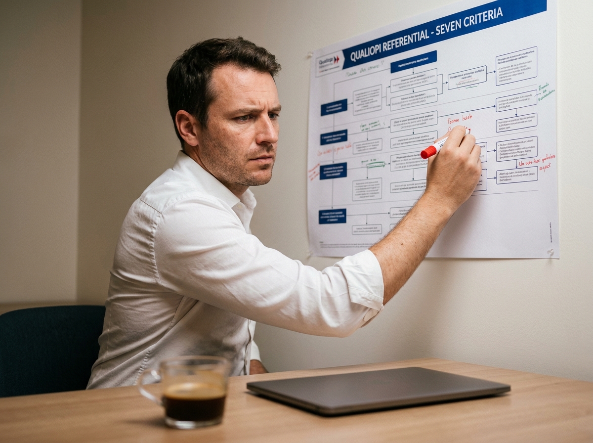 Responsable qualité d'un organisme de formation annotant le référentiel Qualiopi lors d'une auto-évaluation avant audit