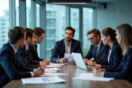 Groupe de professionnels en r&eacute;union d'affaires dans un bureau moderne