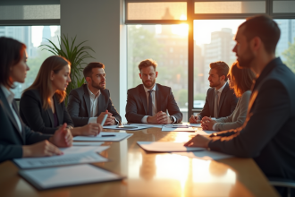 Groupe de professionnels en réunion importante au bureau