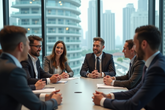 Groupe divers d'adultes en réunion de travail en bureau moderne