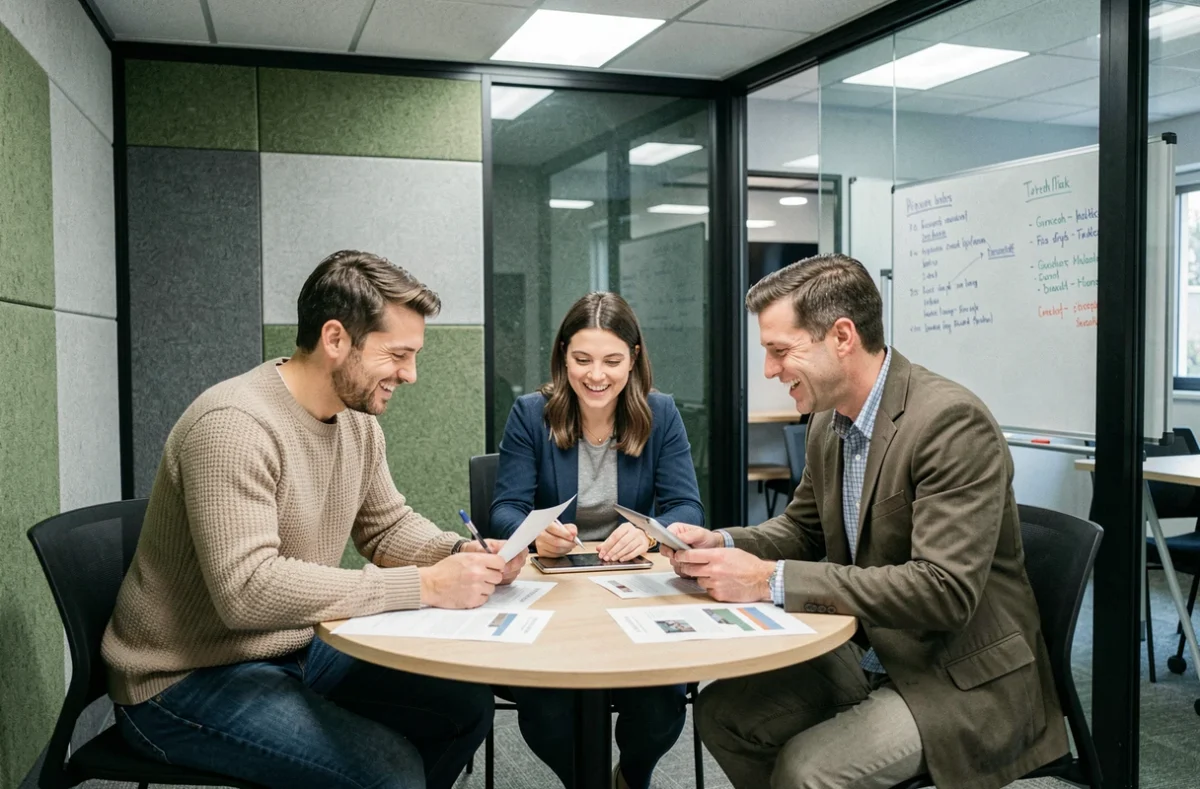 Équipe en réunion collaborative dans une salle vitrée d'un espace de coworking à Bordeaux