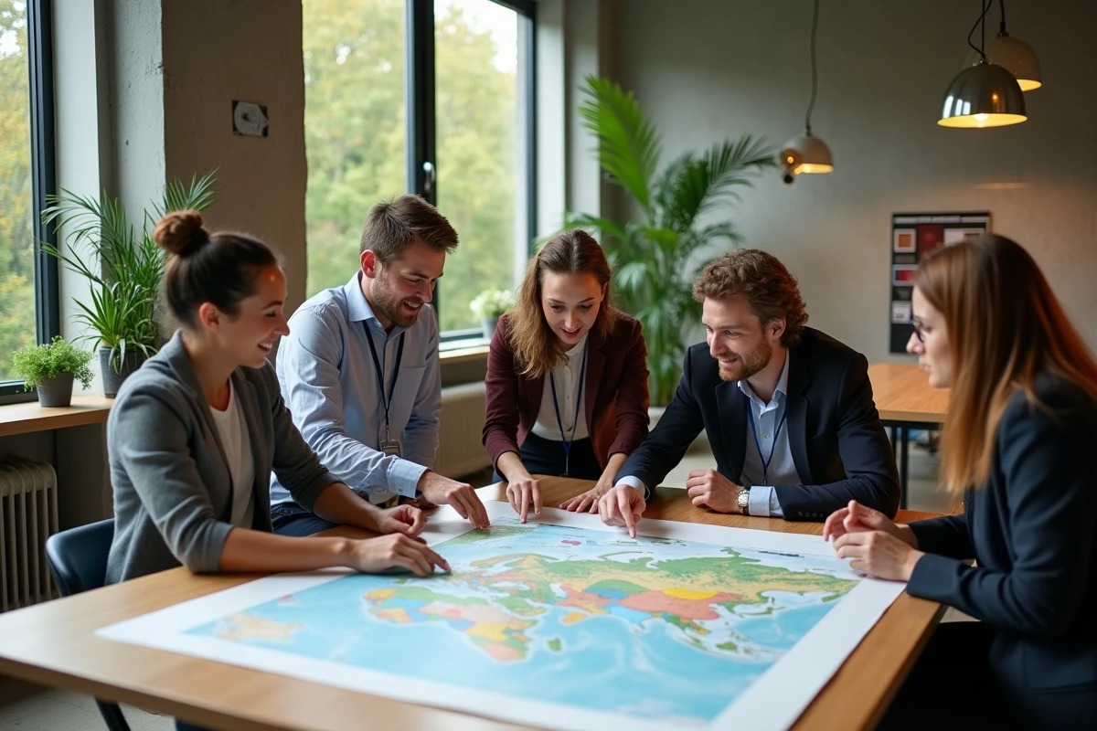 Équipe pluridisciplinaire en réunion stratégique dans un espace de travail collaboratif d'un pôle éco-industriel en Poitou-Charentes