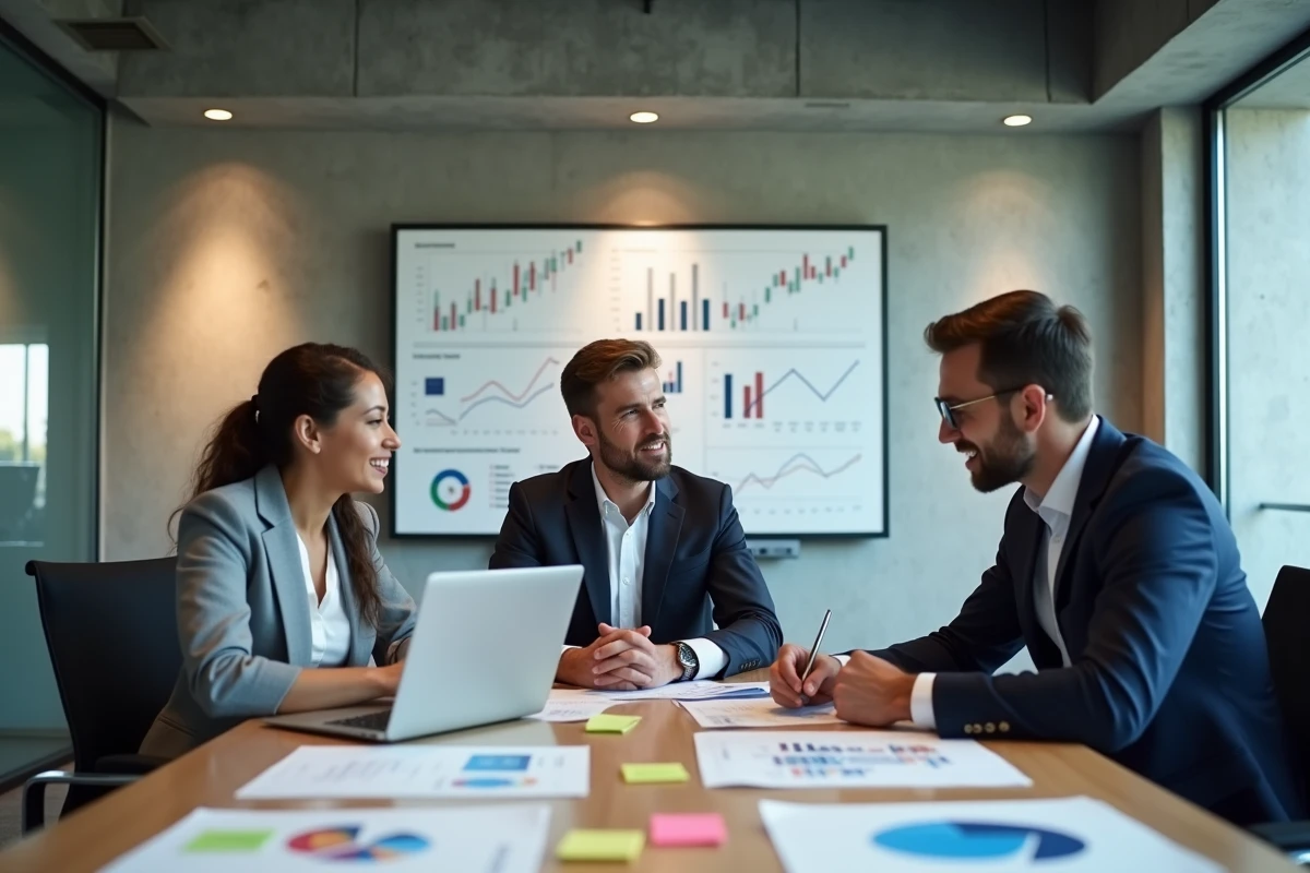 Équipe de professionnels en réunion de stratégie financière autour d'une table avec des rapports de données