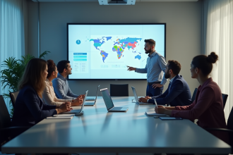 Groupe de professionnels autour d'une table moderne en réunion