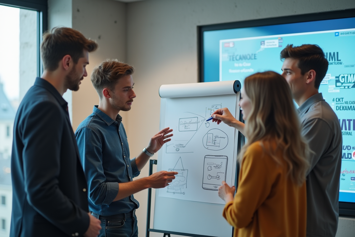 Groupe de jeunes entrepreneurs en réunion à Station F