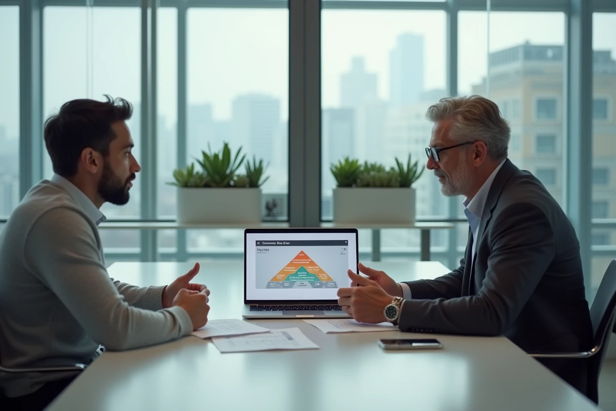 Deux professionnels B2B en réunion analysant la structure d'une offre commerciale sur des documents imprimés