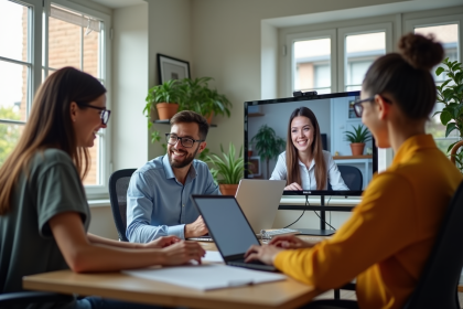 Groupe de professionnels en visioconference dans des bureaux modernes